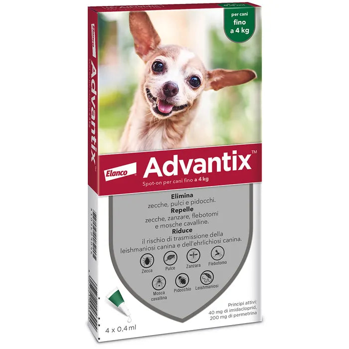 Advantix Spot On Per Cani Fino A 4Kg Soluzione 4 Pipette da 0,4ml Verde ELANCO