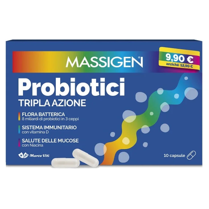 MASSIGEN® Probiotici Tripla azione 10 capsule con VITAMINA D e NIACINA